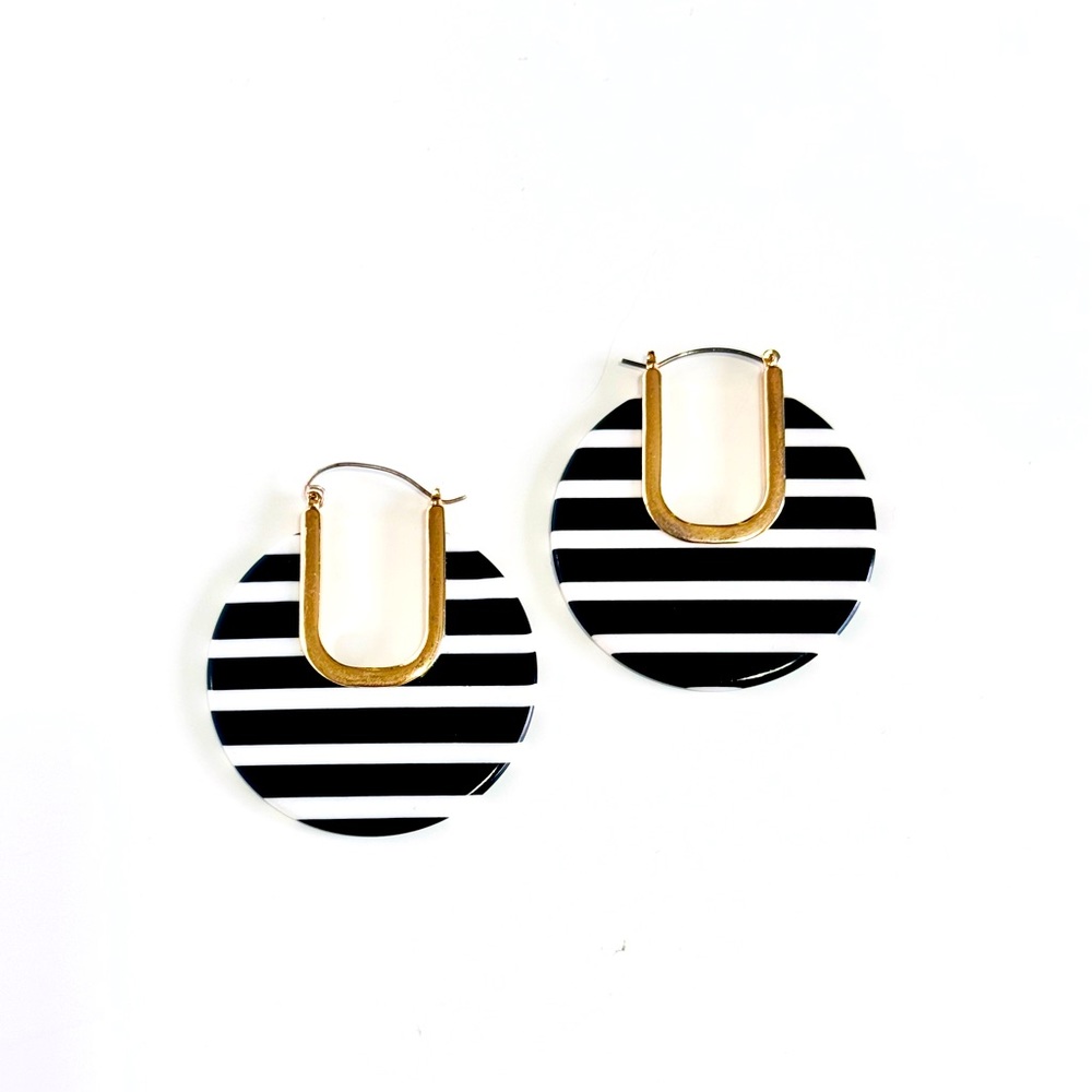 2” Acrylic Round Black and White Striped Earrings w Gold Accents